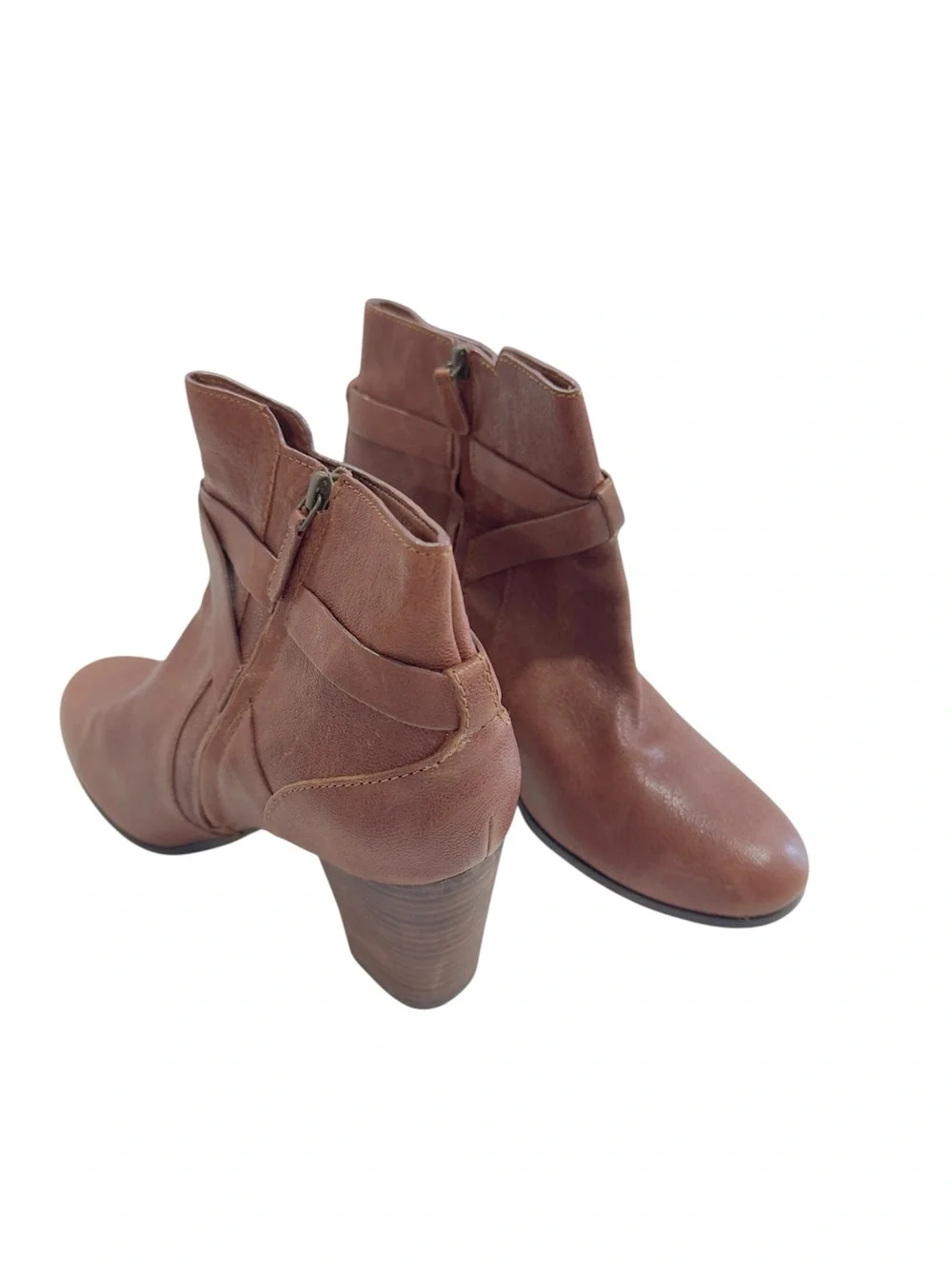 Cole Haan Brown Leather Ankle Booties Size 11B Block Heel Buckle Strap side zip